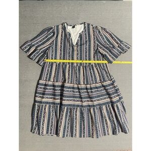 SHEIN Boho Tiered Mini Dress Large Blue Floral Stripe Babydoll Peasant Dress